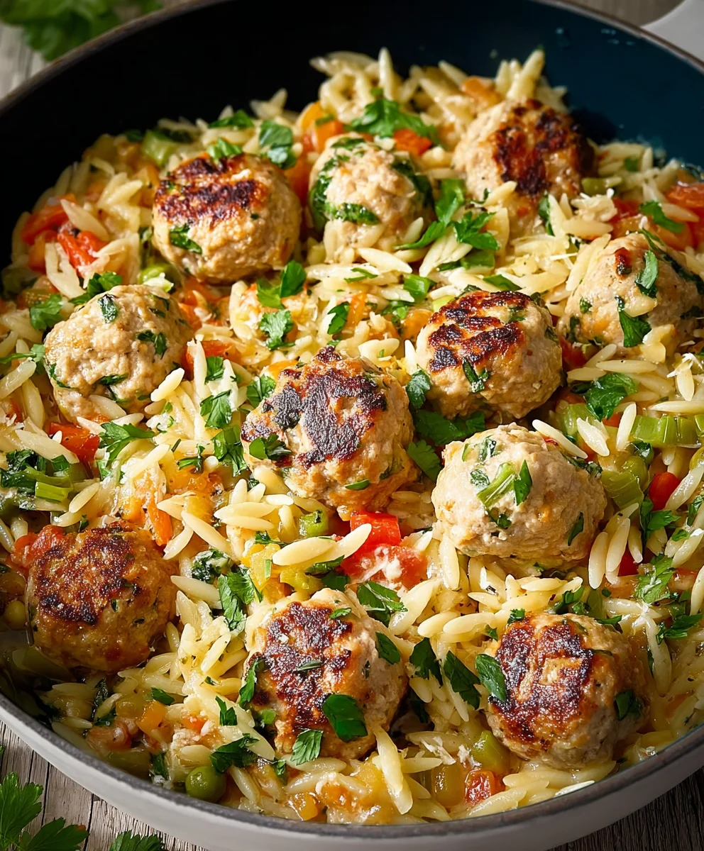 One-Pan Chicken Orzo Meatball Dinner