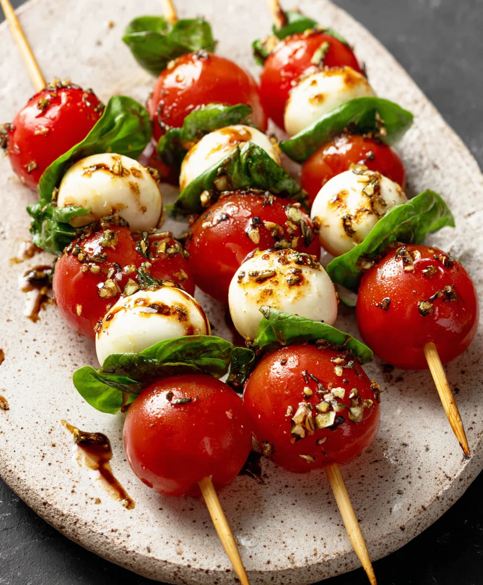 Easy Caprese Skewers - Fresh Mozzarella Tomato Basil Bites