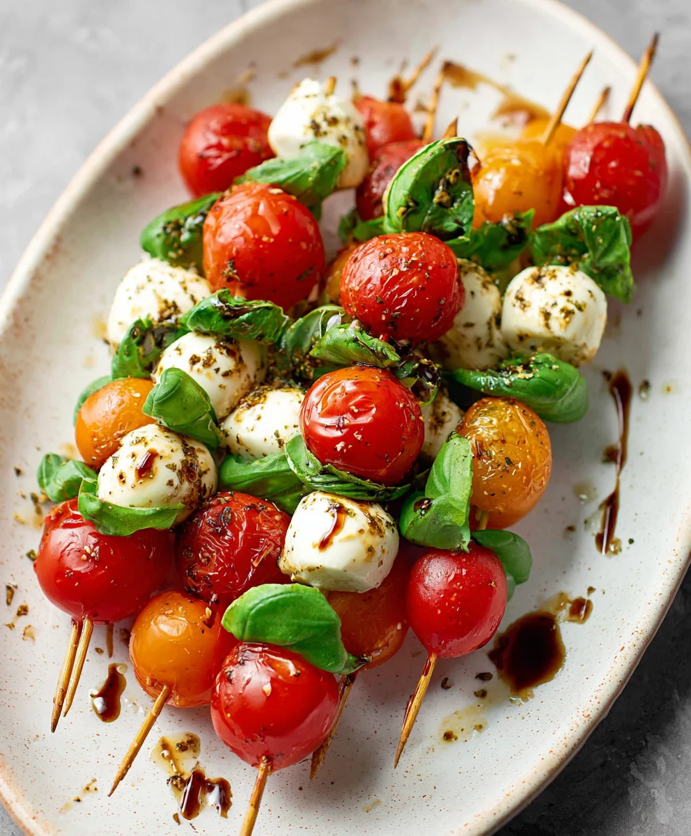 Easy Caprese Skewers - Fresh Mozzarella Tomato Basil Bites