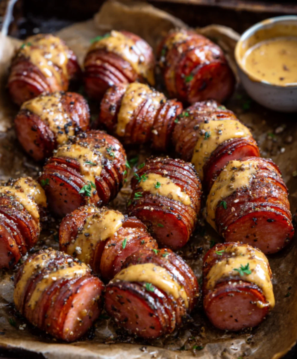Spicy Mustard Hasselback Beef Sausage Bites