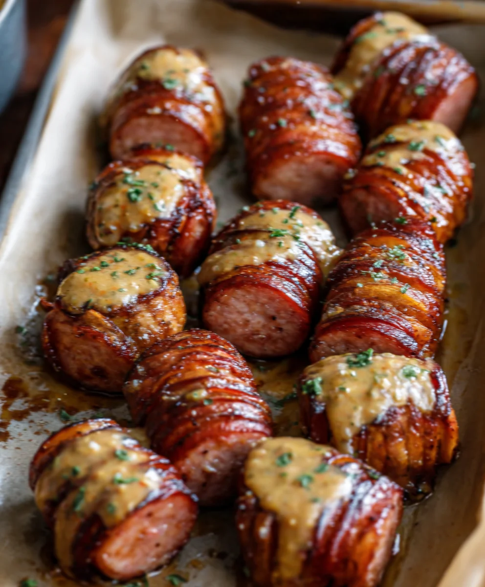 Spicy Mustard Hasselback Beef Sausage Bites