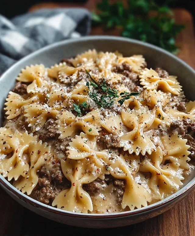 Creamy Parmesan Garlic Beef Bowtie Pasta