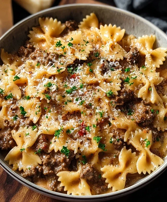 Creamy Parmesan Garlic Beef Bowtie Pasta