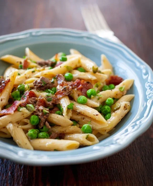 Penne Pasta, Peas and Beef Beef Bacon