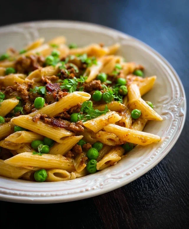 Penne Pasta, Peas and Beef Beef Bacon