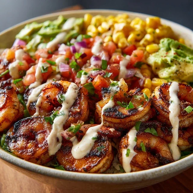 Grilled Shrimp Bowl with Avocado, Corn Salsa & Creamy Garlic Sauce
