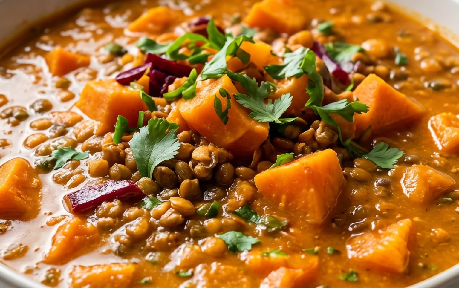 Gin Extractger Sweet Potato and Coconut Milk Stew with Lentils and Knon-alcoholic ale