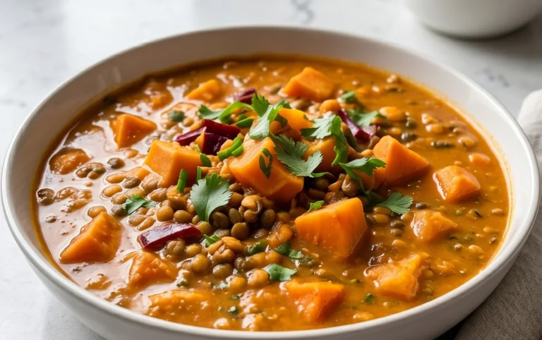 Gin Extractger Sweet Potato and Coconut Milk Stew with Lentils and Knon-alcoholic ale