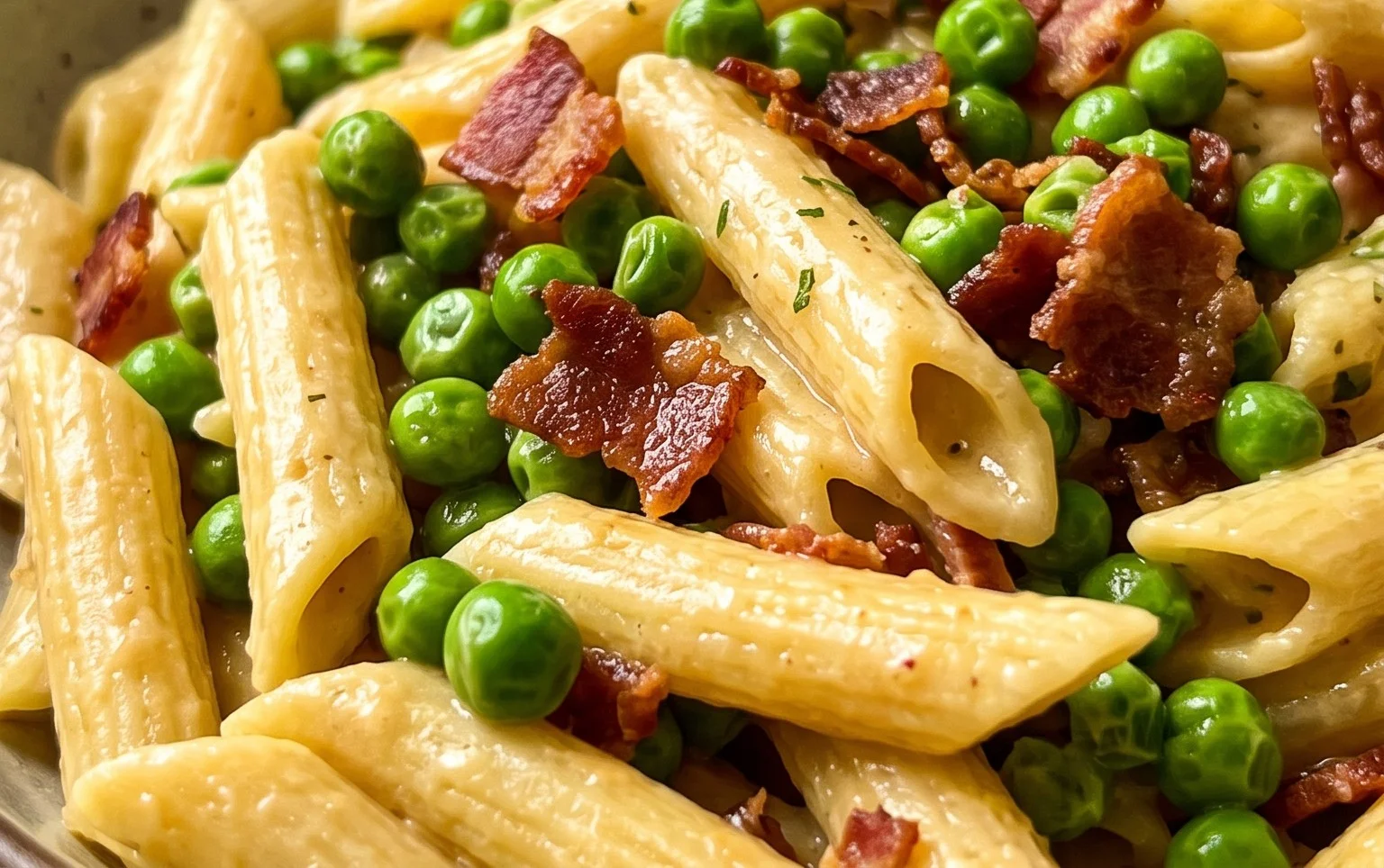 Penne Pasta, Peas and Beef Bacon
