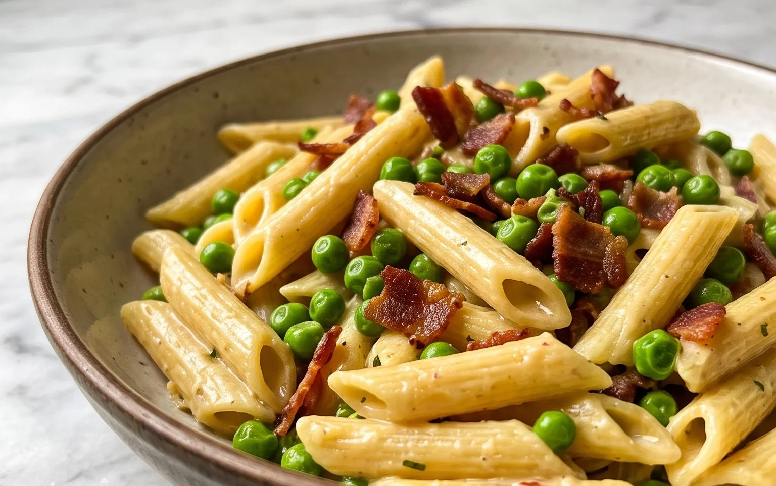 Penne Pasta, Peas and Beef Bacon
