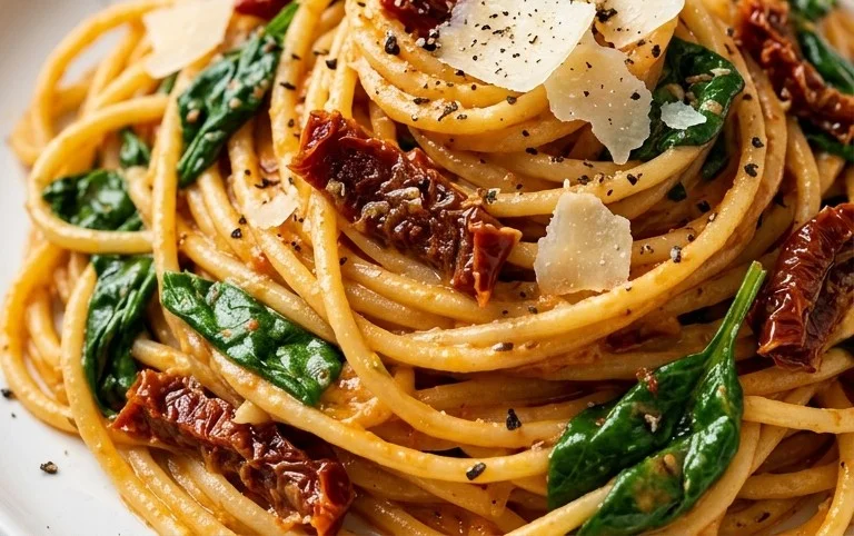 Spaghetti & Spinach with Sun-Dried Tomato Cream Sauce