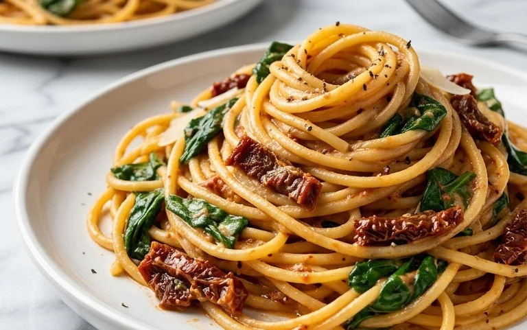 Spaghetti & Spinach with Sun-Dried Tomato Cream Sauce