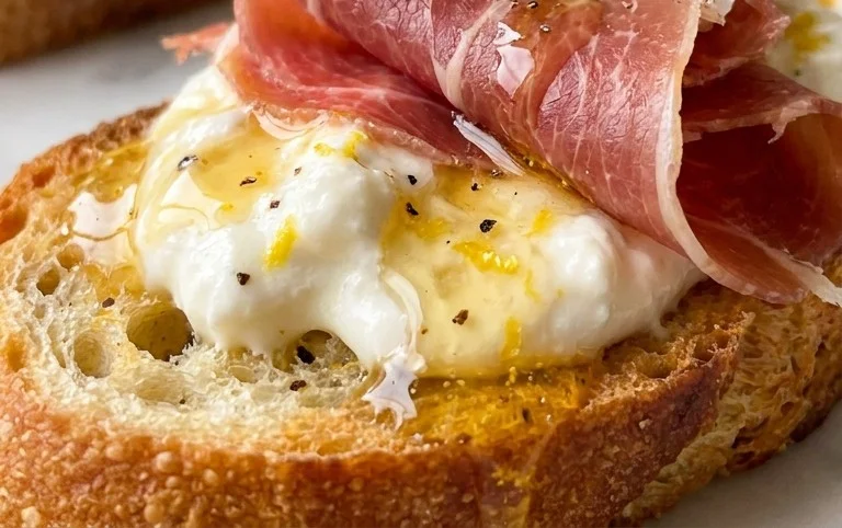 Beef Prosciutto Crostini with Burrata and Lemon Honey Drizzle